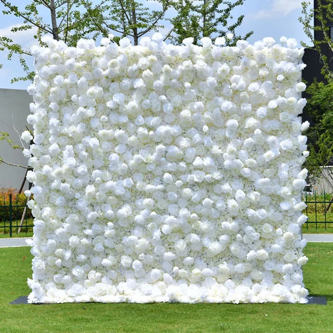 8ft X 8ft Roll Up Fabric Flower Wall Artificial Rose White Flower Wall for Wedding Backdrop Decoration