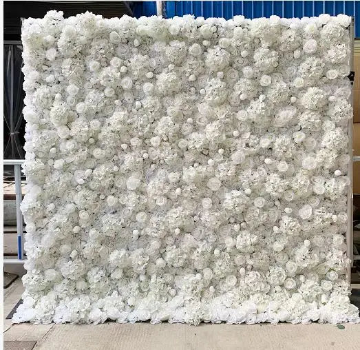 8ft X 8ft Roll Up Fabric Flower Wall Artificial Rose White Flower Wall for Wedding Backdrop Decoration