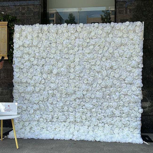 8ft X 8ft Roll Up Fabric Flower Wall Artificial Rose White Flower Wall for Wedding Backdrop Decoration