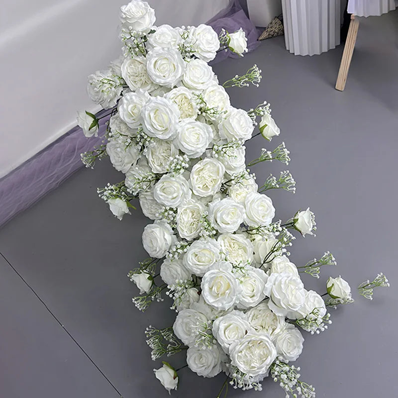 105cm Luxury White Rose Artificial Flower Row Wedding Table Centerpiece Flowers Backdrop Wall Arches Decor Party Stage Floral